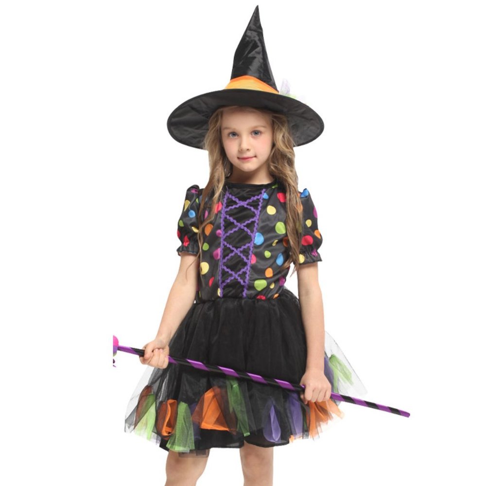 Polka Dot Witch Costume for Girls - Vibrant Black Witch Outfit for Halloween